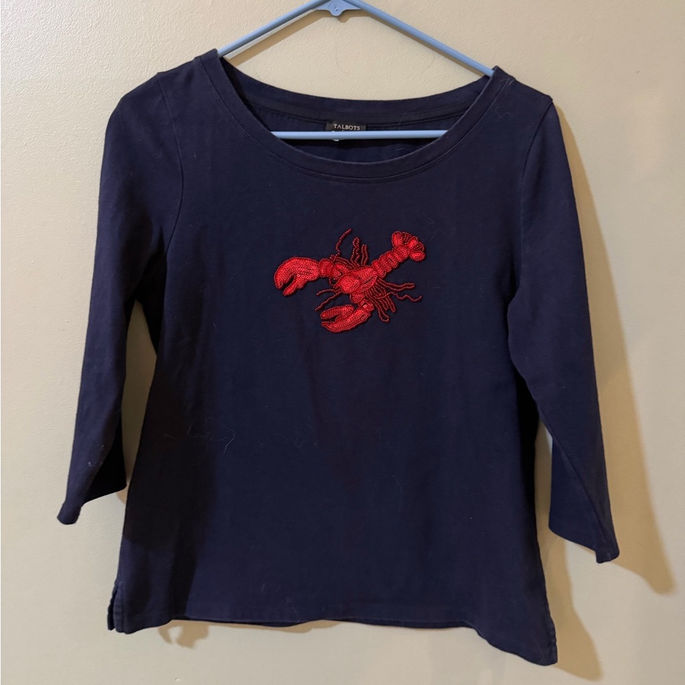 Talbots Womens Navy Knit Top With Accent Sequin /Bead Lobster Sz Mp Pre-owned